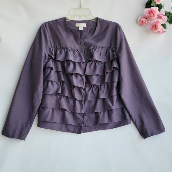 Christopher & Banks Plum Tiered Ruffle Silk Blend Jacket Blazer Women's Size M - Picture 12 of 12